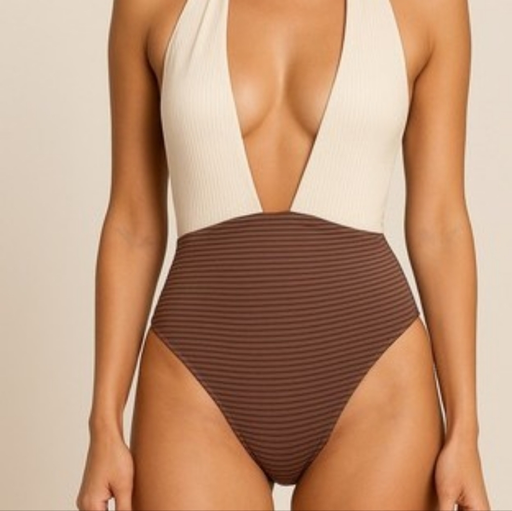 NWT Wet Magnolia Halter Swimsuit – Cream & Mocha Stripe – Size M –Retails $188